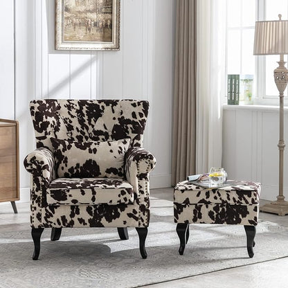 Mid Century Modern Accent Chair Upholstered Armchair Comfy Velvet Tufted Wingback Single Sofa with Ottoman for Bedroom Living Room, Cow