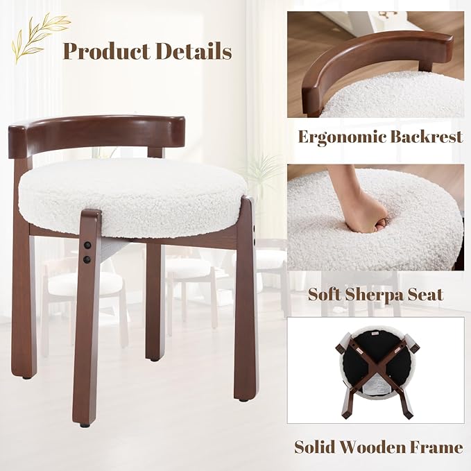 Modern Vanity Chair Upholstered Small Ottoman Footstool, Make Up Stool Sherpa Fabric with Backrest Wooden Frame for Living Room Bedrooms, 2PCS, White