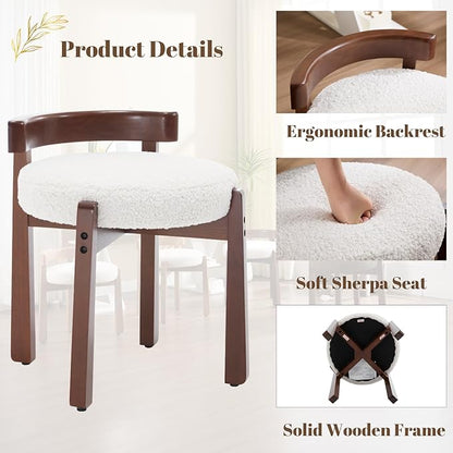 Modern Vanity Chair Upholstered Small Ottoman Footstool, Make Up Stool Sherpa Fabric with Backrest Wooden Frame for Living Room Bedrooms, 2PCS, White