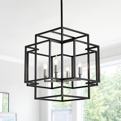 4-Light Farmhouse Chandeliers for Entryway, Industrial Foyer Lighting Fixtures, Foyer Chandeliers for High Ceilings, Modern Pendant Lights for Staircase Dining Room Kitchen Island, Black & Silver