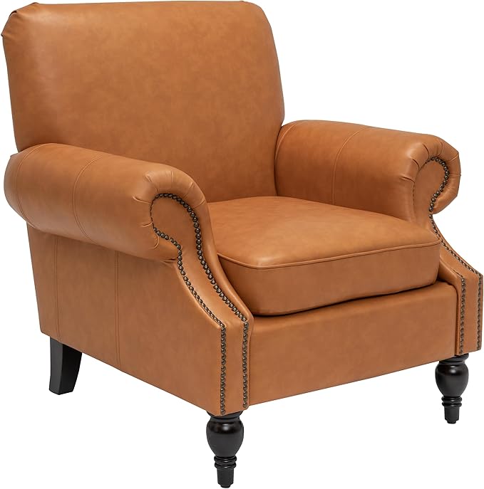 Accent Chair,22.4" Seat Depth Armchair with Roll Arms,36.6W*34.3D*34.6H Living Room Chair,Wood Legs,Set of 1,Faux Leather in Brown