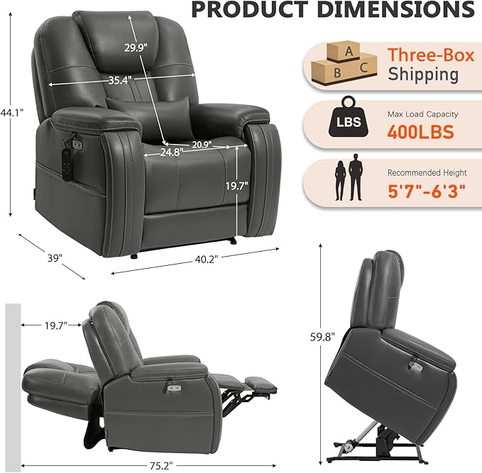 EONIX Triple Motor Lay Flat Power Lift Recliner Chair for Elderly with Adjustable Headrest, 400lbs Electirc Lift Chair for Living Room, Lumbar Pillow, Extended Footrest, Grey