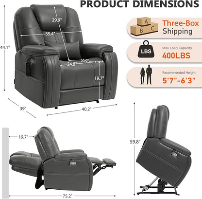 EONIX Triple Motor Lay Flat Power Lift Recliner Chair for Elderly with Adjustable Headrest, 400lbs Electirc Lift Chair for Living Room, Lumbar Pillow, Extended Footrest, Grey