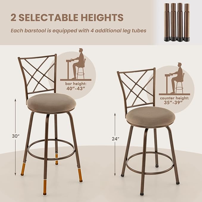 COSTWAY Bar Stools for Kitchen Island, 24/30 Inch Adjustable Seat Height Swivel Barstools, Plush Fabric Cushioned Seat & Cozy Backrest, Extra Leg Tubes for Height Adjustment, for Kitchen, Bar (2)