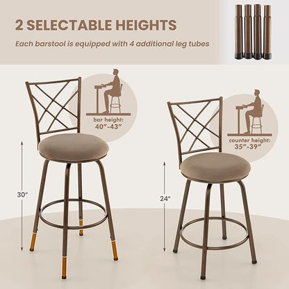 COSTWAY Bar Stools for Kitchen Island, 24/30 Inch Adjustable Seat Height Swivel Barstools, Plush Fabric Cushioned Seat & Cozy Backrest, Extra Leg Tubes for Height Adjustment, for Kitchen, Bar (2)