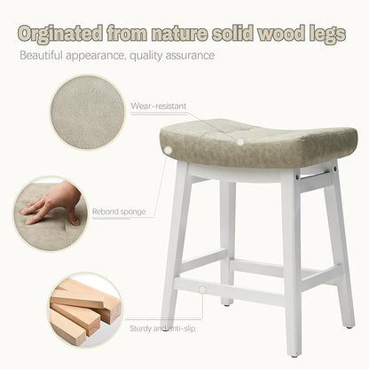 Counter Height Bar Stools Set of 4 for Kitchen Counter Farmhouse Modern Barstools with Faux Leather Upholstered Backless Seat and Solid Wood Legs 24 inch Bar Chairs, Light Grey + White