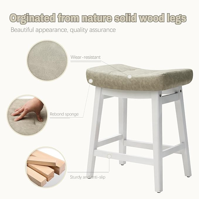 Counter Height Bar Stools Set of 6 for Kitchen Counter Farmhouse Modern Barstools with Faux Leather Upholstered Backless Seat and Solid Wood Legs 24 inch Bar Chairs, Light Grey + White