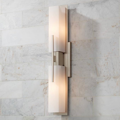 Possini Euro Design Midtown Modern Wall Lights Set of 2 Satin Nickel Silver Metal Hardwired 4 1/2" Fixture White Glass Shade for Bedroom Bathroom Vanity Living Room Home Hallway Dining Kitchen