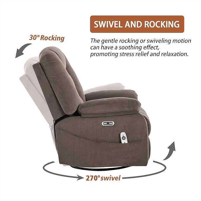 Power Swivel Rocker Recliner with Massage and Heat, USB and Type-C Port, Infinite Position, Electric Glider Rocking Chairs Living Room, Soft Fabric Reclining Sofa Chair (Velvet Brown)