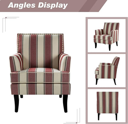 HULALA HOME Modern Accent Chairs Set of 2, Farmhouse High Back Striped Chairs with Wooden Legs & Nail Head Trim, Comfy Upholstered Armchairs for Living Room/Bedroom (Stripe Red)