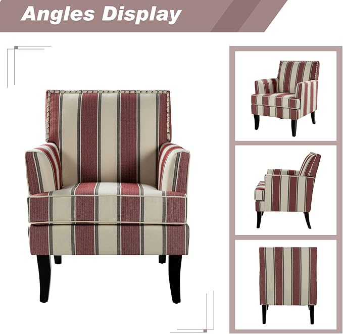 HULALA HOME Modern Accent Chair with Arms and Wooden Legs, Striped Accent Chair Armchair High Back Rest, Padded Armrest and Comfortable Cushioned Seat for Living Room (Stripe Red)
