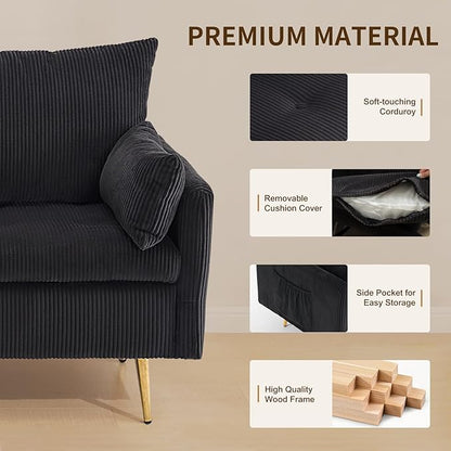Furnimart 3-Piece Storage Sofa and Couch Set, Corduroy Loveseat with 2pc Accent Single Chairs, Small Living Room Furniture Set for Apartment, Tiny Homes and Lofts, 3PC-Black