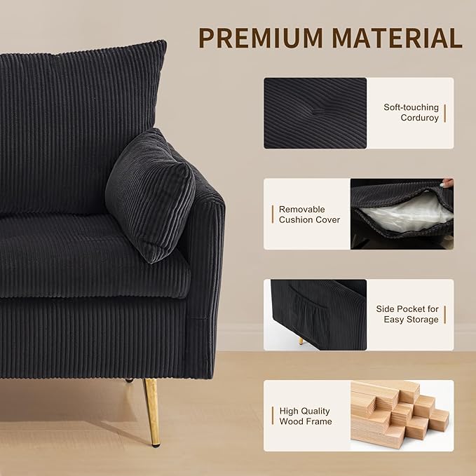 Furnimart 2-Seater Storage Loveseat for Small Spaces, 62“ Corduroy Couch with Removable Cushion Cover and Metal Leg for Bedroom, Apartment, Tiny Homes and Lofts, Black