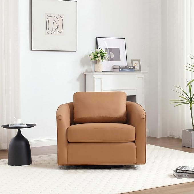 MINCETA Oversized Accent Chair for Living Room, 360° Swivel Barrel Chair with High Density Foam, Modern Reading Chair with PU Leather Upholstered Armchair for Apartment, Bedroom Brown