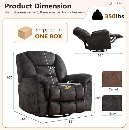 ANJ 2PCS Oversized Rocker Recliner Chairs Set, Manual 360° Swivel Recliners, Comfy Glider Rocking Chairs for Big Man, Extra Wide Overstuffed Reclining Chairs with Side Pocket for Living Room, Grey