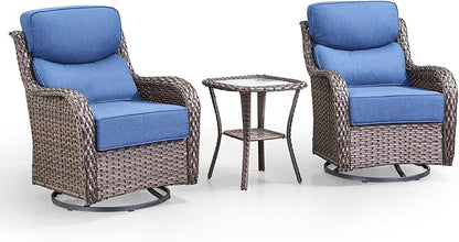 Swivel Patio Chairs Set of 3 with 6" Thick Cushion - Wicker Outdoor Swivel Rocker Patio Chairs with Side Table, High Back Comfortable Outdoor Glider Chairs - Brown Wicker Blue Cushion