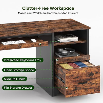 Bestier 47" Computer Desk with Drawers, Home Office Desk with Keyboard Tray, Reversible Industrial Office Desk with Storage Cabinet for Small Space Home Office & Studio, Rustic Brown