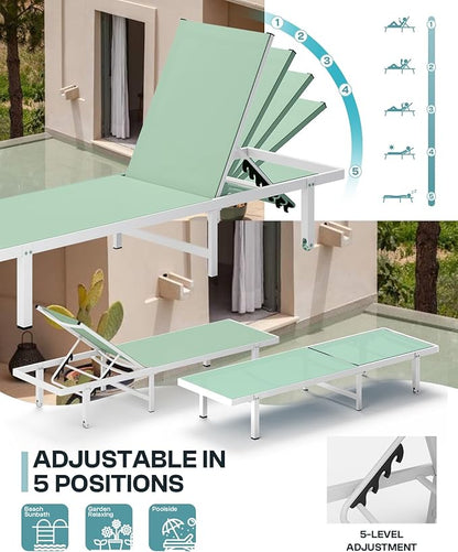 Pool Lounge Chairs Set of 2，Outdoor Lounge Chairs with Wheels and 5-Position Recliner -Easy to Move- Aluminum Patio Lounge Chair for Poolside, Deck (LightGreen)