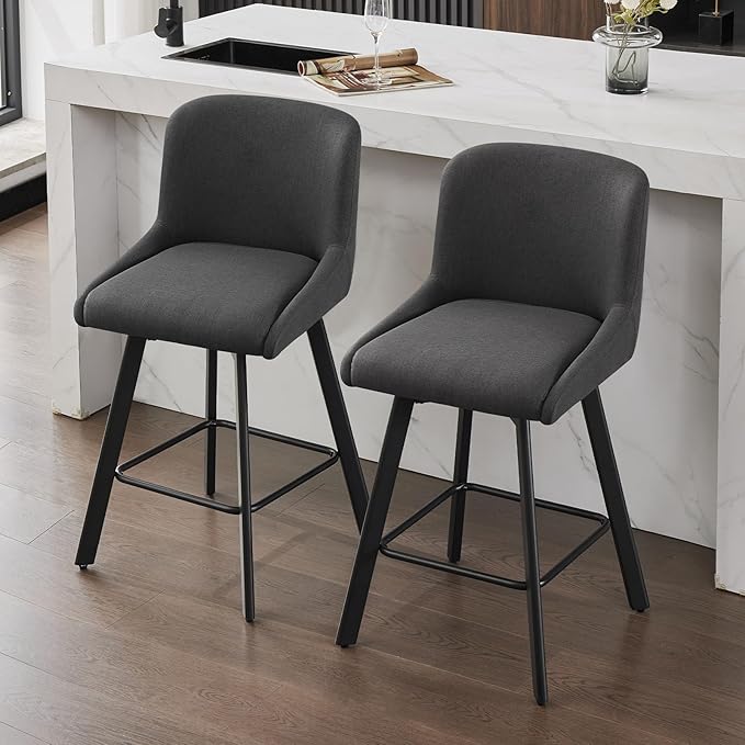 Swivel Counter Height Bar Stools Set of 2, 30''H Upholstered Barstools with Backs, Modern Bar Stool Chairs for Kitchen Island, Metal Legs, Fabric, Black Grey Stools Counter Chair