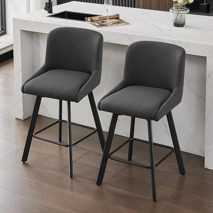 Swivel Counter Height Bar Stools Set of 2, 30''H Upholstered Barstools with Backs, Modern Bar Stool Chairs for Kitchen Island, Metal Legs, Fabric, Black Grey Stools Counter Chair