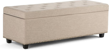 SIMPLIHOME Hamilton 48 inch Wide Transitional Rectangle Storage Ottoman in Natural Linen Look Fabric, Assembled, For the Living Room, Entryway and Family Room