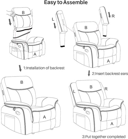 Massage Recliner Chair with Heated, Faux Leather Recliner Chairs for Adults, 39" Wide Manual Reclining Ergonomic Lounge Chair for Living Room with Overstuffed Backrest, Side Pocket, Grey