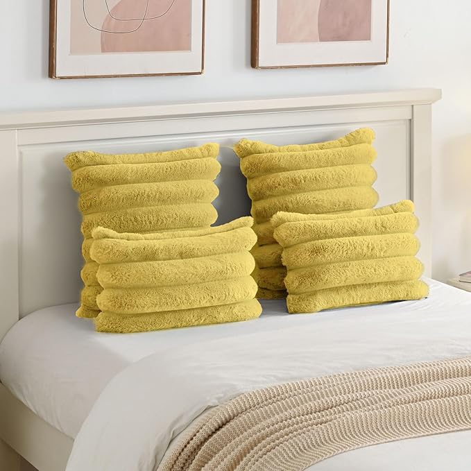 FUTEI Mustard Yellow Decorative Throw Pillow Covers 26x26 Inch Set of 2, Square Soft Faux Rabbit Fur Big Striped Pillow Sham,Home Decor for Couch Sofa Bed Living Room