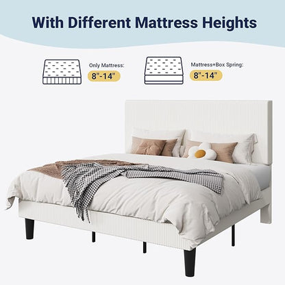 Allewie King Size Upholstered Bed Frame with Vertical Channel Tufted Headboard, Soft Corduroy Fabric Platform Bed, Strong Wooden Slats Support, Easy Assembly, No Box Spring Needed, White