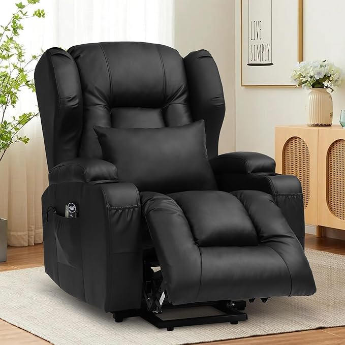 URRED Power Lift Recliner Chair for Elderly, Electric Massage Recliner with Heat, Infinite Position Adjustment, Faux Leather Lift Chair with Cup Holders, Side Pockets & USB Port – Light Black
