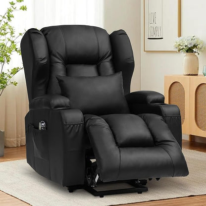 URRED Power Lift Recliner Chair for Elderly, Electric Massage Recliner with Heat, Infinite Position Adjustment, Faux Leather Lift Chair with Cup Holders, Side Pockets & USB Port – Light Black