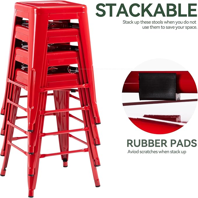 Vogue Furniture Direct 24" High Bar Stools Backless Red Metal Barstools Indoor-Outdoor Counter Height Stools with Square Seat, Set of 4