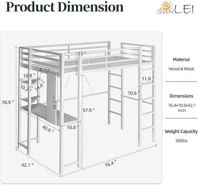 SUNLEI Metal Twin Loft Bed with Desk, Twin Size Loft Bed with 2 Built-in Ladders & Safety Guard, Noise Free for Small Bedroom, Matte White
