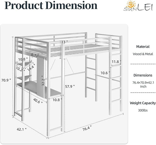 SUNLEI Metal Twin Loft Bed with Desk, Twin Size Loft Bed with 2 Built-in Ladders & Safety Guard, Noise Free for Small Bedroom, Matte White