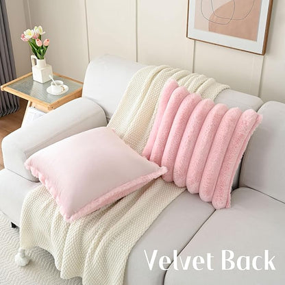 FUTEI Pink Decorative Throw Pillow Covers 18x18 Inch Set of 2, Square Soft Faux Rabbit Fur Thick Striped Cushion Cover,Winter Home Decor for Couch Bed Living Room