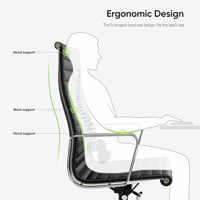 Ribbed Office Chair with Top Grain Leather - High Back Ergonomic Desk Chair with Aluminum Arms & Frame, Swivel Wheels & Tilt Function, Adjustable Height