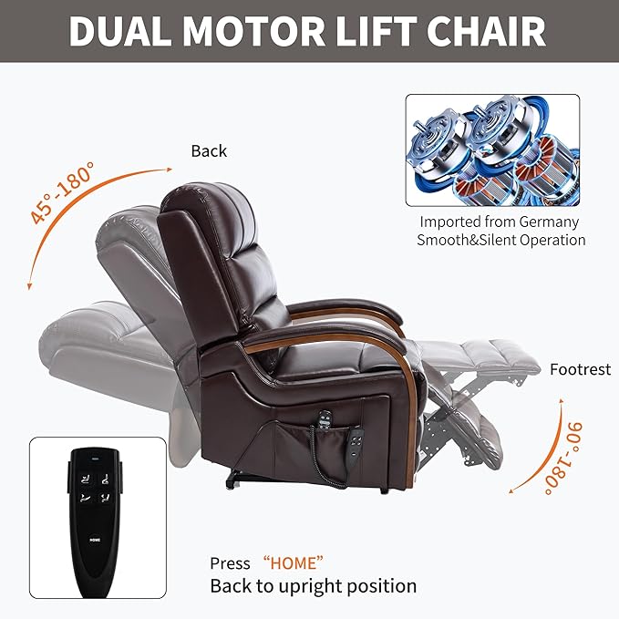 Dual Motor Recliner Lift Chair with Heat and Massage, Heavy Duty Leather Power Lift Recliner Chair Idea Gifts for Seniors, Stand Assistance, Dark Brown