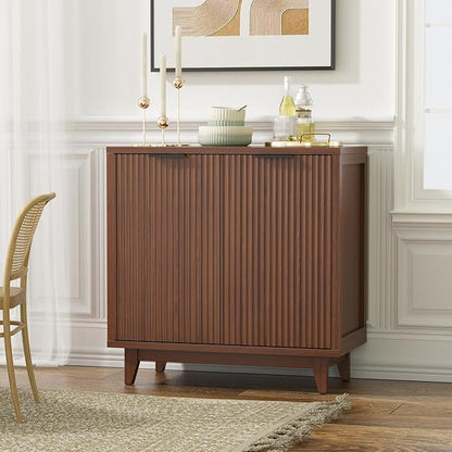 Fluted Cabinet with Storage, 2 Doors Sideboard Buffet, Mid Century Modern Accent Cabinet with Adjustable Shelves, Multifunctional Console Table with Storage for Living Room, Kitchen, Entryway
