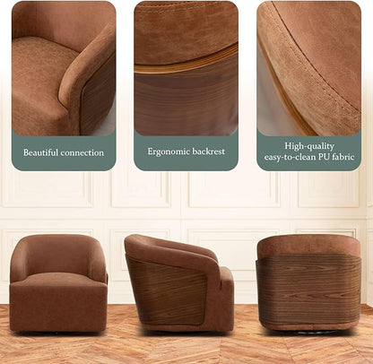 Swivel Accent Chair Faux Leather Swivel Barrel Chair Comfortable Mid Century Modern Chair Upholstered Metal Base Armchair for Living Room Bedroom Office Large Vintage Brown