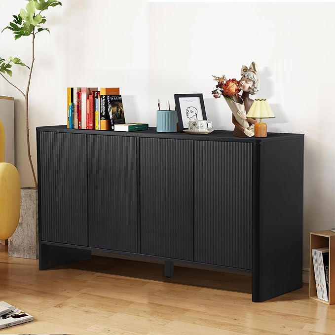 Sideboard Buffets Cabinet, Modern Accent Storage Cabinet with 4 Fluted Doors and Adjustable Shelves, Wood Credenza Buffet Sideboards, Console Table for Kitchen Dining Living Room Entryway (Black)