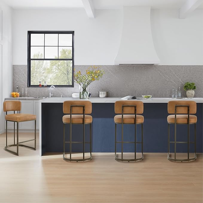 26" H Counter Height Bar Stools Set of 3, Modern Faux Leather Upholstered Barstools with Backrest for Kitchen Island, Gold Metal Frames, Brown