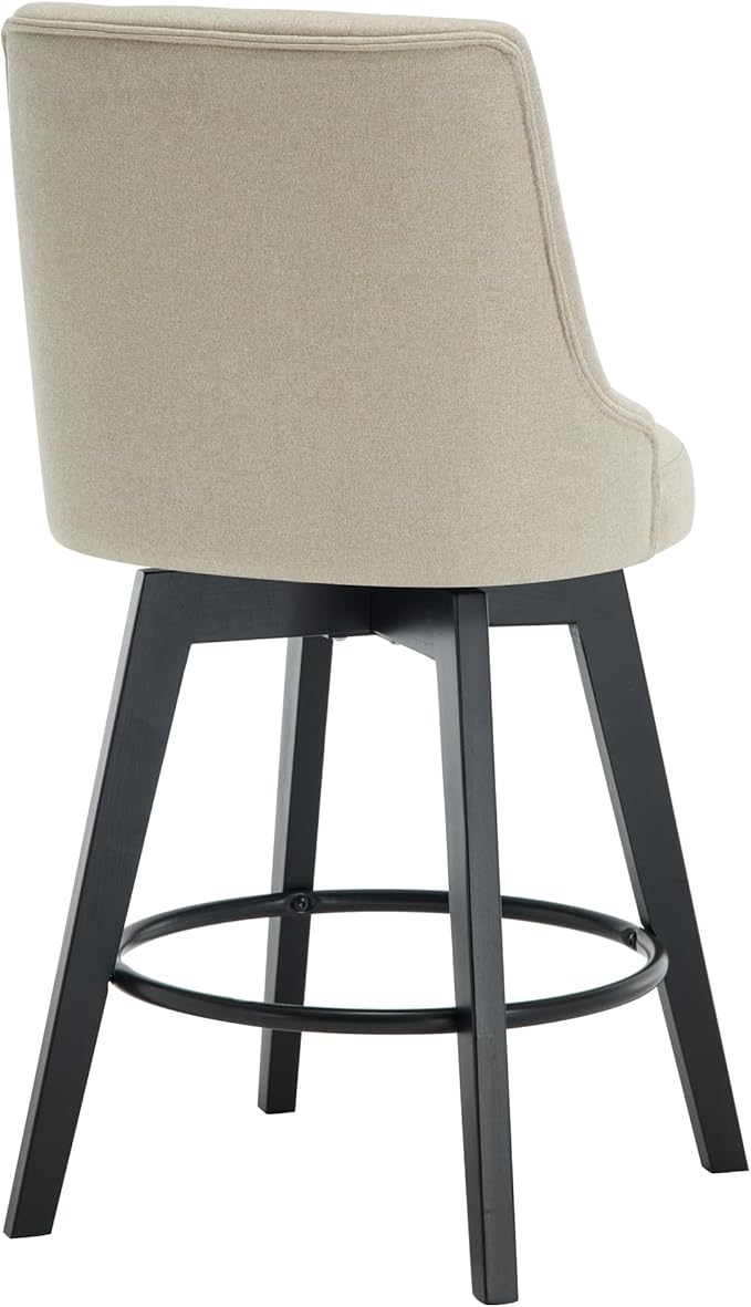 MINCETA Set of 4 Upholstered Bar Stools - 26 Inch Swivel Counter Height Stools with Low Tufted Back, Footrest & Performance Fabric - Khaki Round Seat for Kitchen Island & Home Bar