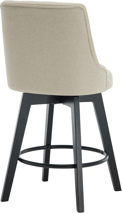 MINCETA Set of 4 Upholstered Bar Stools - 26 Inch Swivel Counter Height Stools with Low Tufted Back, Footrest & Performance Fabric - Khaki Round Seat for Kitchen Island & Home Bar