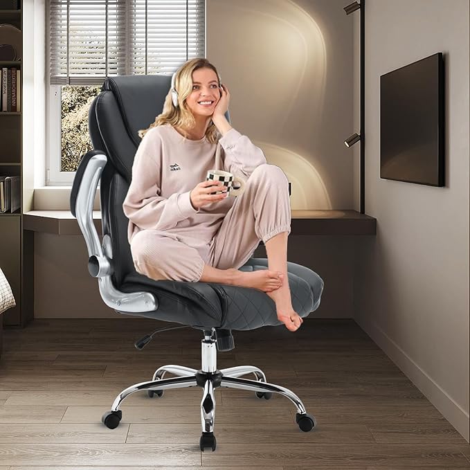 Executive Office Chair, High Back Faux Leather Ergonomic Office Desk Chairs with Wheels, 90-120° Rocking Managerial Swivel Home Computer Chairs with Flip up Arms Lumbar Support(Black)