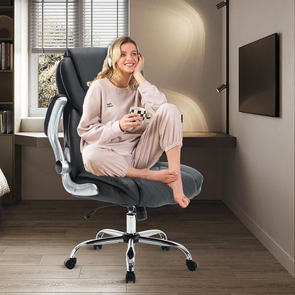 Executive Office Chair, High Back Faux Leather Ergonomic Office Desk Chairs with Wheels, 90-120° Rocking Managerial Swivel Home Computer Chairs with Flip up Arms Lumbar Support(Black)