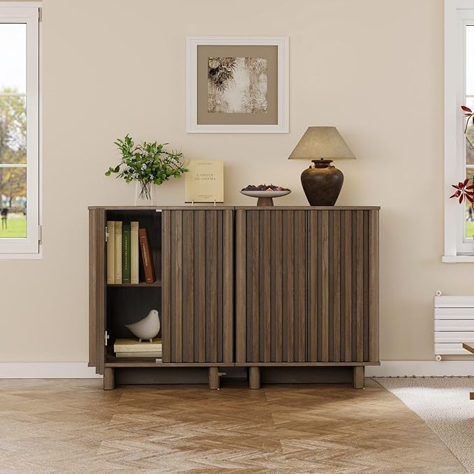 LukeAlon Fluted Sideboard Cabinet with Storage, Mid-Century Modern Accent Buffet Cabinet, 70" Wooden Credenza Cabinets for Living Room Dining Room Entryway Hallway, Walnut Color