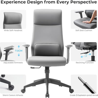 EUREKA ERGONOMIC Valen Leather Desk Chair, High Back Office Chair, Microfiber PU Leather Office Chair with Wheels, Executive Office Chair Comfy for Samll Spaces, Grey