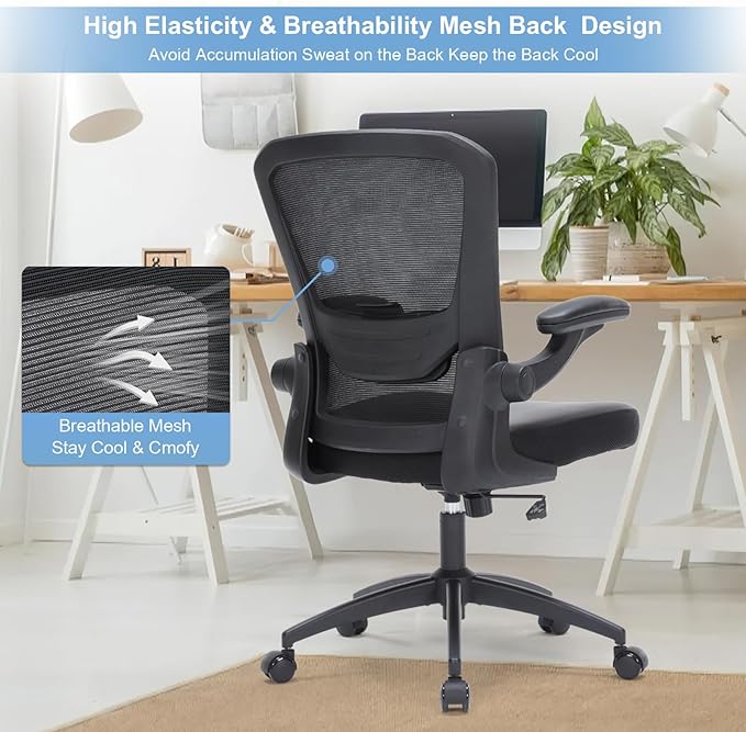 Office Chair, 350lbs Heavy Duty Ergonomic Desk Chair with Flip-Up Arms, Home Office Desk Chairs with Adjustable Seat Height & Lumbar Support, Executive Computer Desk Chair for Heavy People