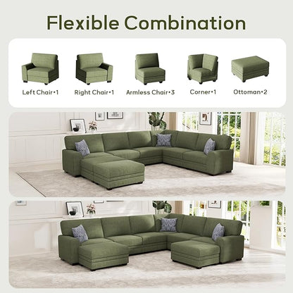 Wanderwell Oversized Modular Sectional Sofa, 8-Seater U Shaped Couches with Movable Ottoman,Corduroy Sectional Couch with Wide and Deep Seats Suitable for Living Room,Bedroom,Apartment (Olive, U-8)