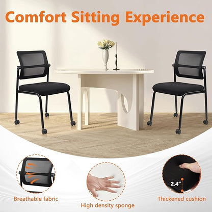CLATINA Stacking Armless Office Guest Chair with Wheels, Stackable Mesh Waiting Room Reception Desk Chairs with Adjustable Backrest for Conference Lobby Side School, Black, 8PK