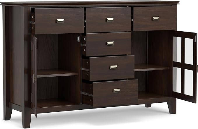 SIMPLIHOME Artisan Buffet - 54 inch Wide Solid Wood 3-Door Sideboard Buffet in Dark Chestnut Brown, Transitional Storage Cabinet for Dining Room or Kitchen with Adjustable Shelves and Bronze Hardware